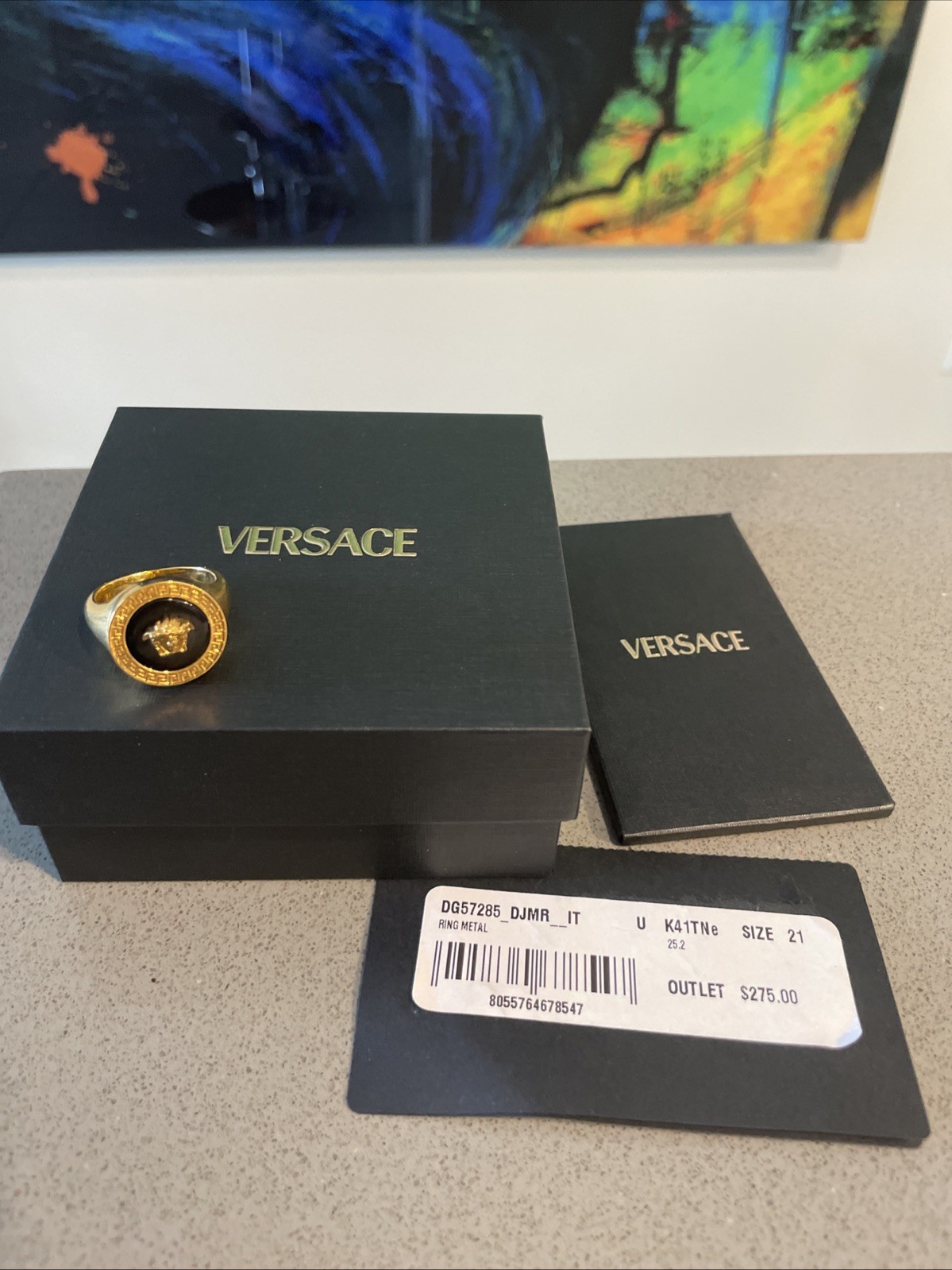 VERSACE Ring Medusa Resin Greca Pattern Back Logo Gold/Black SZ 21 Authentic$680