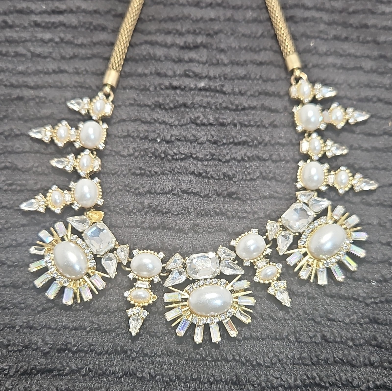 BaubleBar Gold Tone Mesh Chain Statement Necklace Faux Pearl Crystal Adj