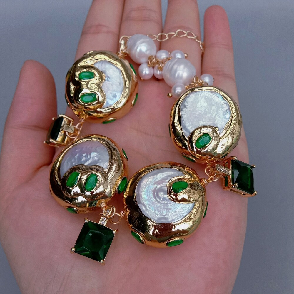 White Cultured Keshi Coin Pearl Green Cz Square Charm Bracelet Fashion Jewelry