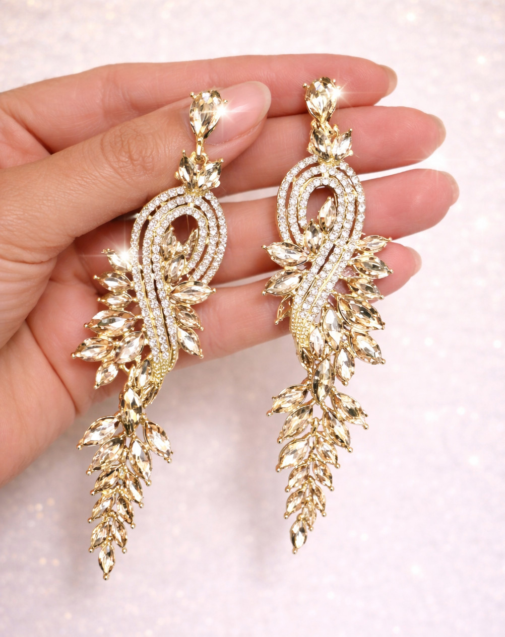 Champagne Color Chandelier Earrings Rhinestone Statement Pageant Prom 3.5 in