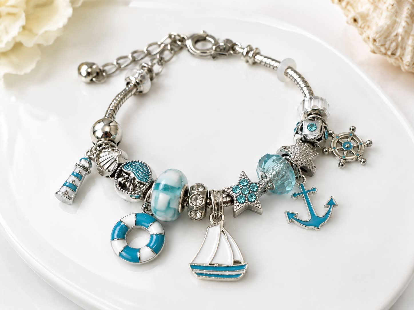 Ocean Nautical Charm Bracelet Blue Silver Tone Anchor Sailboat Lighthouse Beach