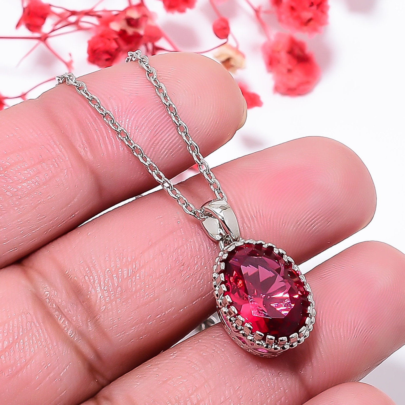 Pink Rubellite Tourmaline 925 Sterling Silver Pendant With Chain 18-20″ CP15337