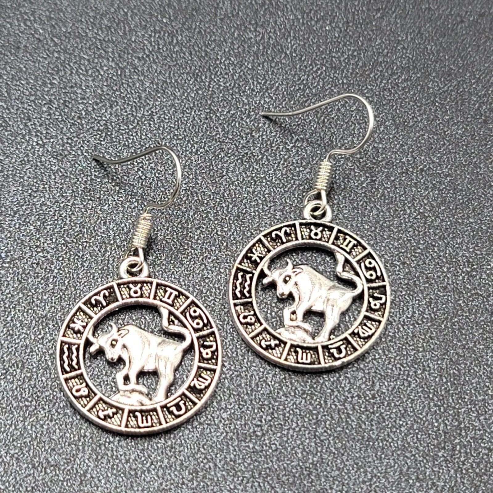 Zodiac Pierced Earrings Silver tone Dangle 7/8″