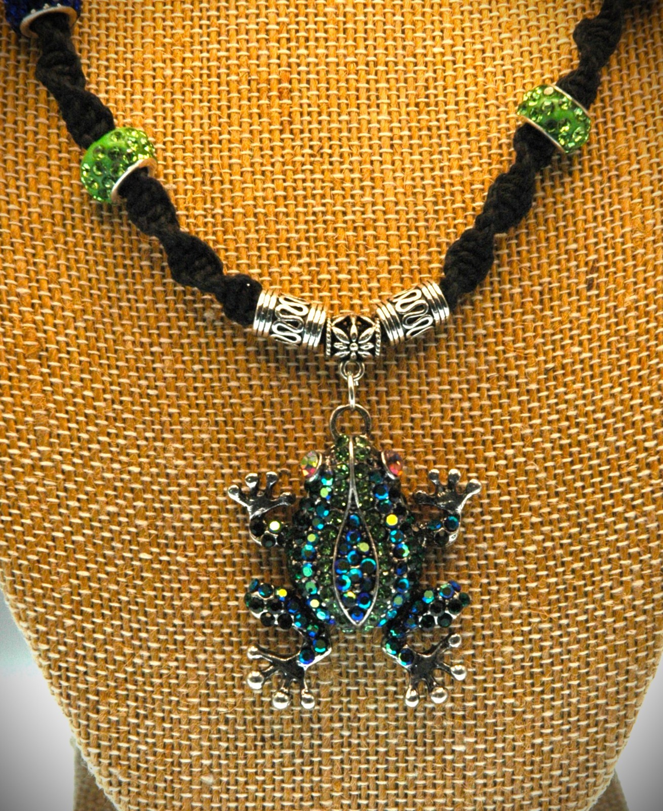 Adorable Green & Blue Rhinestone Frog on a 19″ Handmade Black Hemp Chain