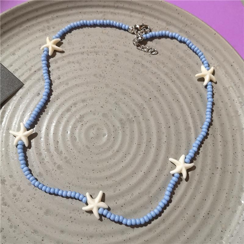 Orange Ceramic Fish Starfish Pendant Beaded Choker Necklace Boho Vacation