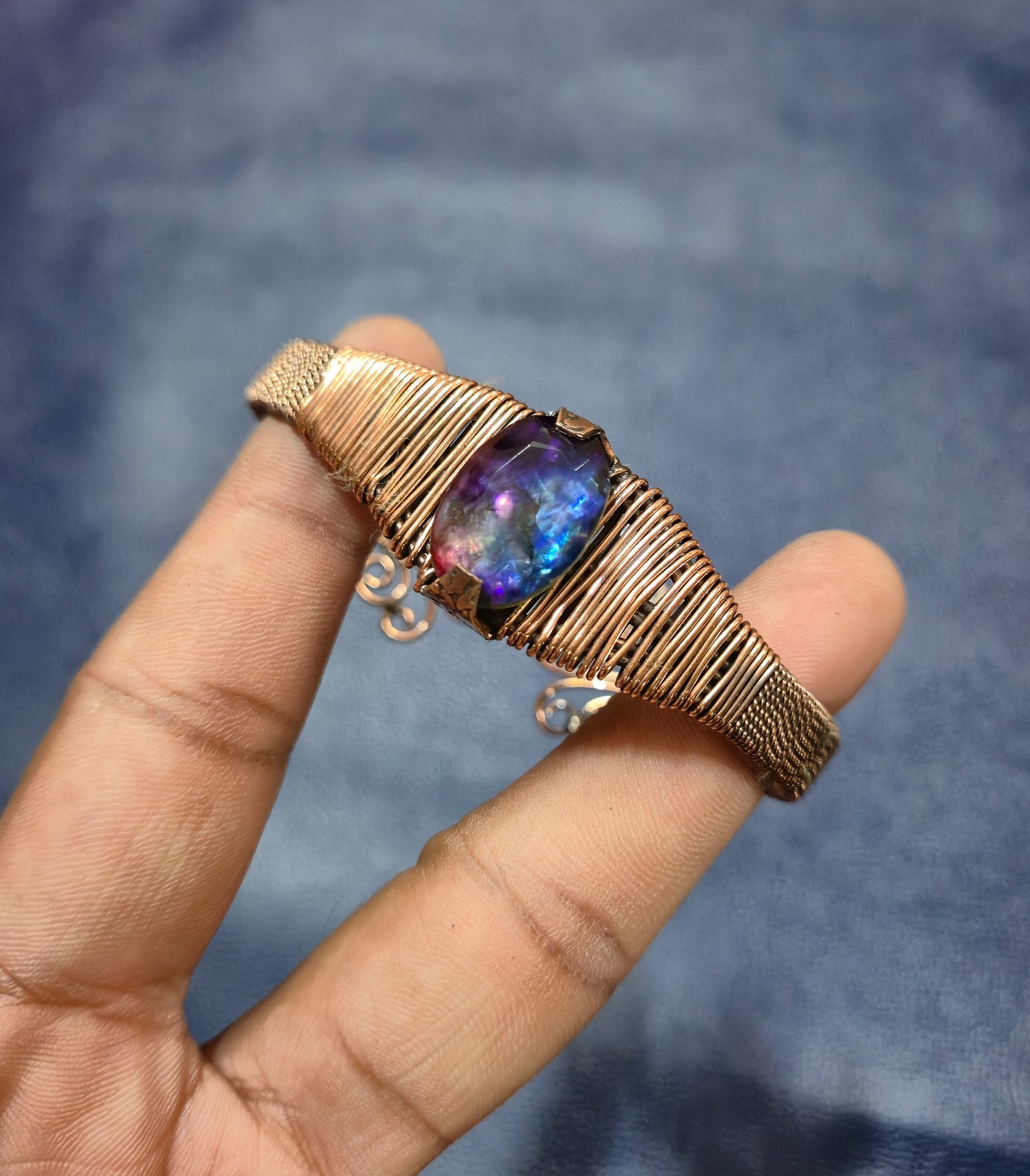 Fire Ammolite Bangle Copper Wire Wrapped Cuff Bracelet Adjustable Bangle