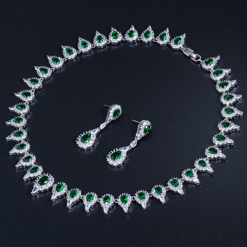 Yellow Topaz Cubic Zircon Round Choker Necklace Dangle Drop Earrings Jewelry Set