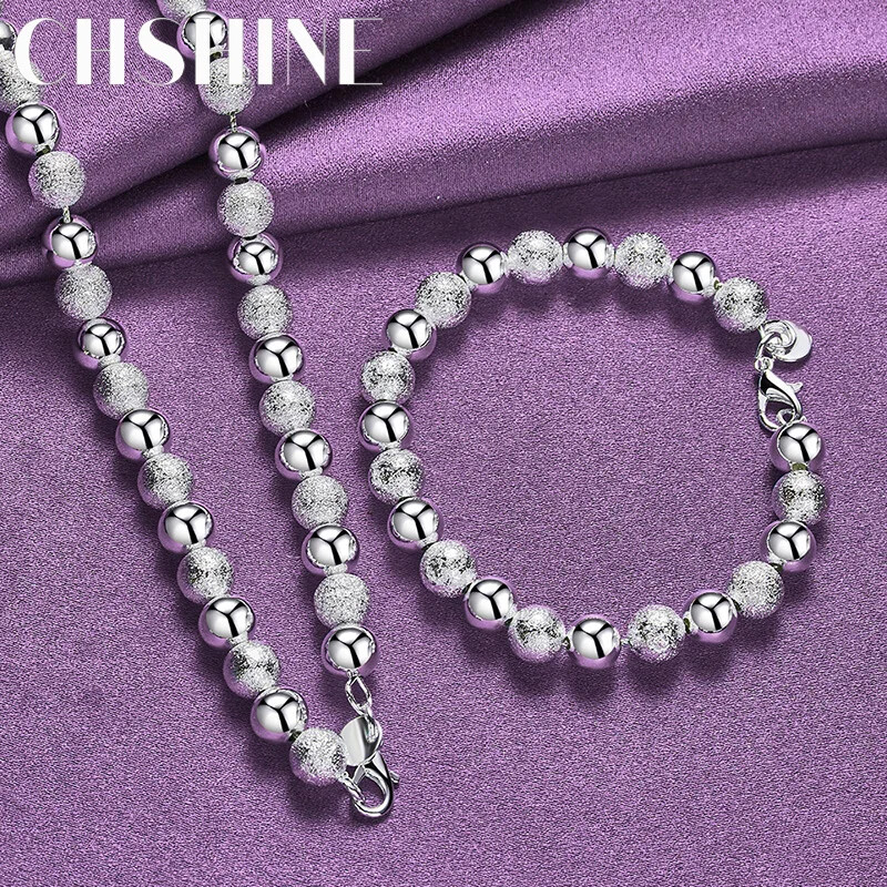 CHSHINE 925 Sterling Silver 8mm Bead Chain Bracelet Necklace Charm Jewelry Set