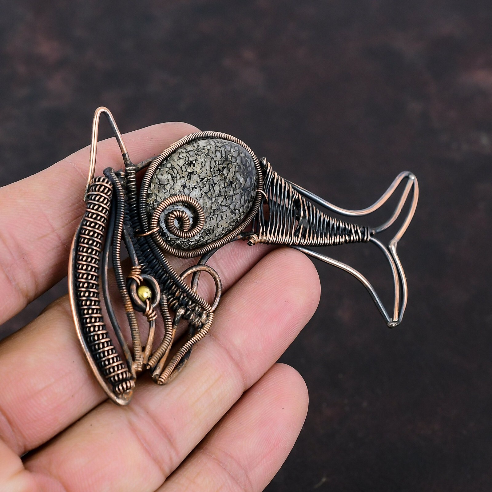 Dinosaur Bone Wire Wrapped Fish Pendant Handcrafted Copper Ethnic Jewelry 2.28″
