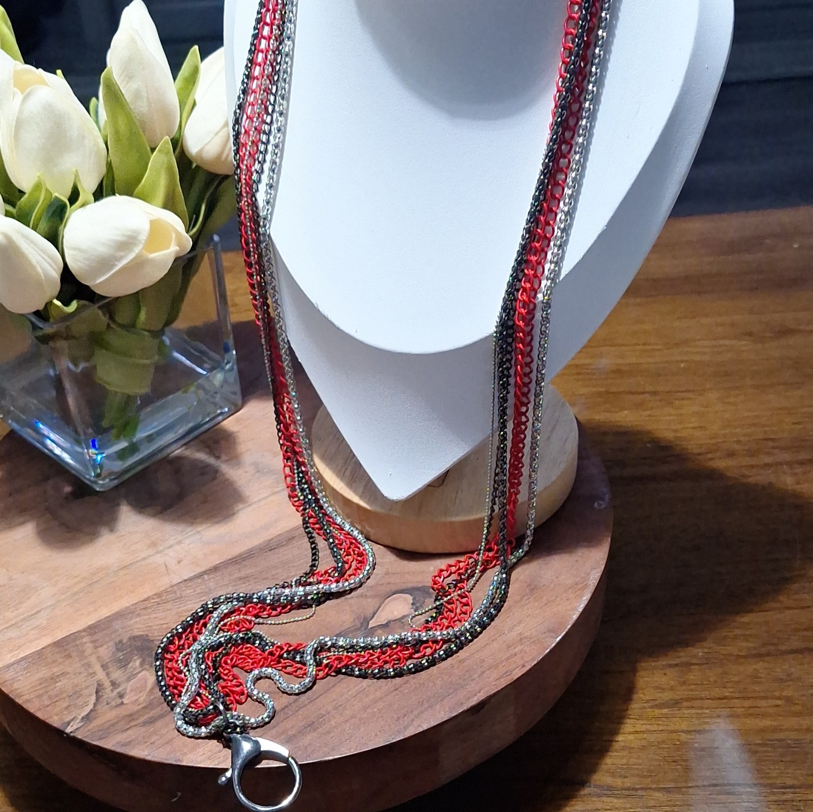 Multi-Strand Layered Cable Chain Necklace Lanyard Red Black Silver Tone
