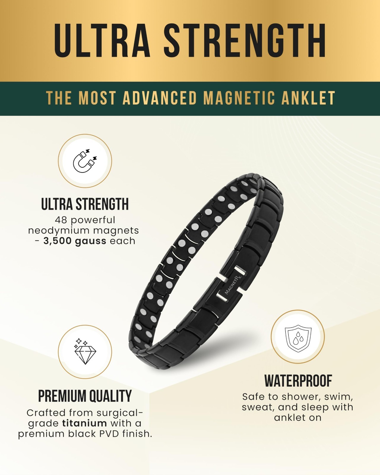 MagnetRX Ultra Strength Magnetic Anklet Bracelets for Men Titanium (Black)