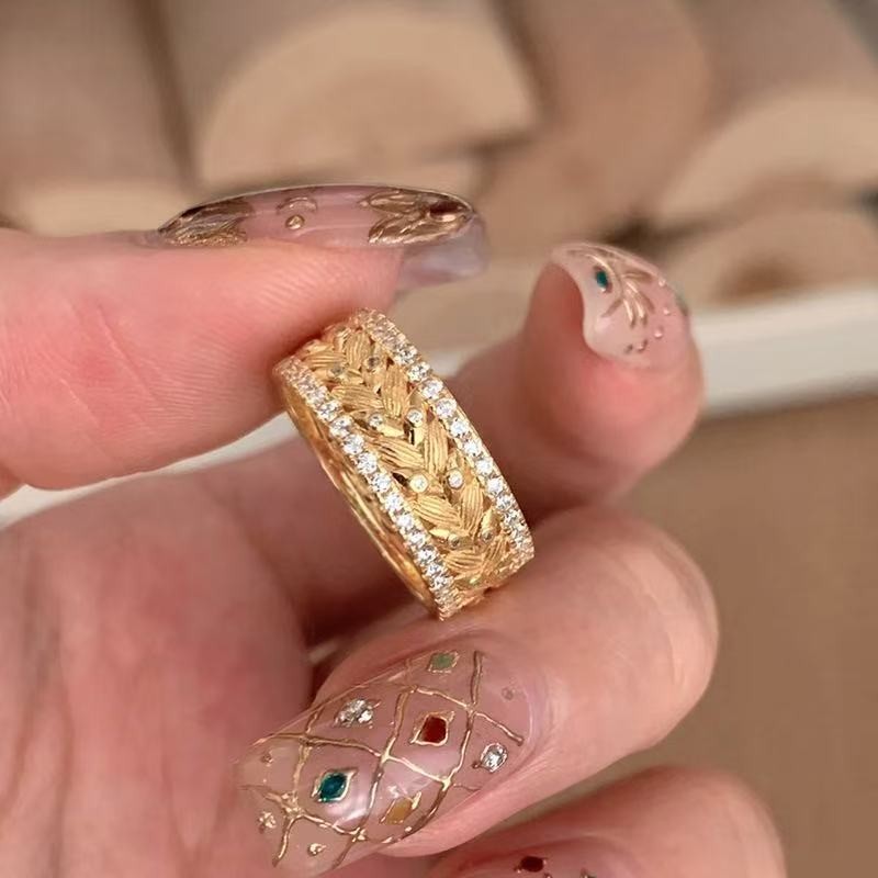 10mm Wide Fashion Woman 18k Gold Plated Sparkling CZ Wheat Band Ring Sizes 6-10