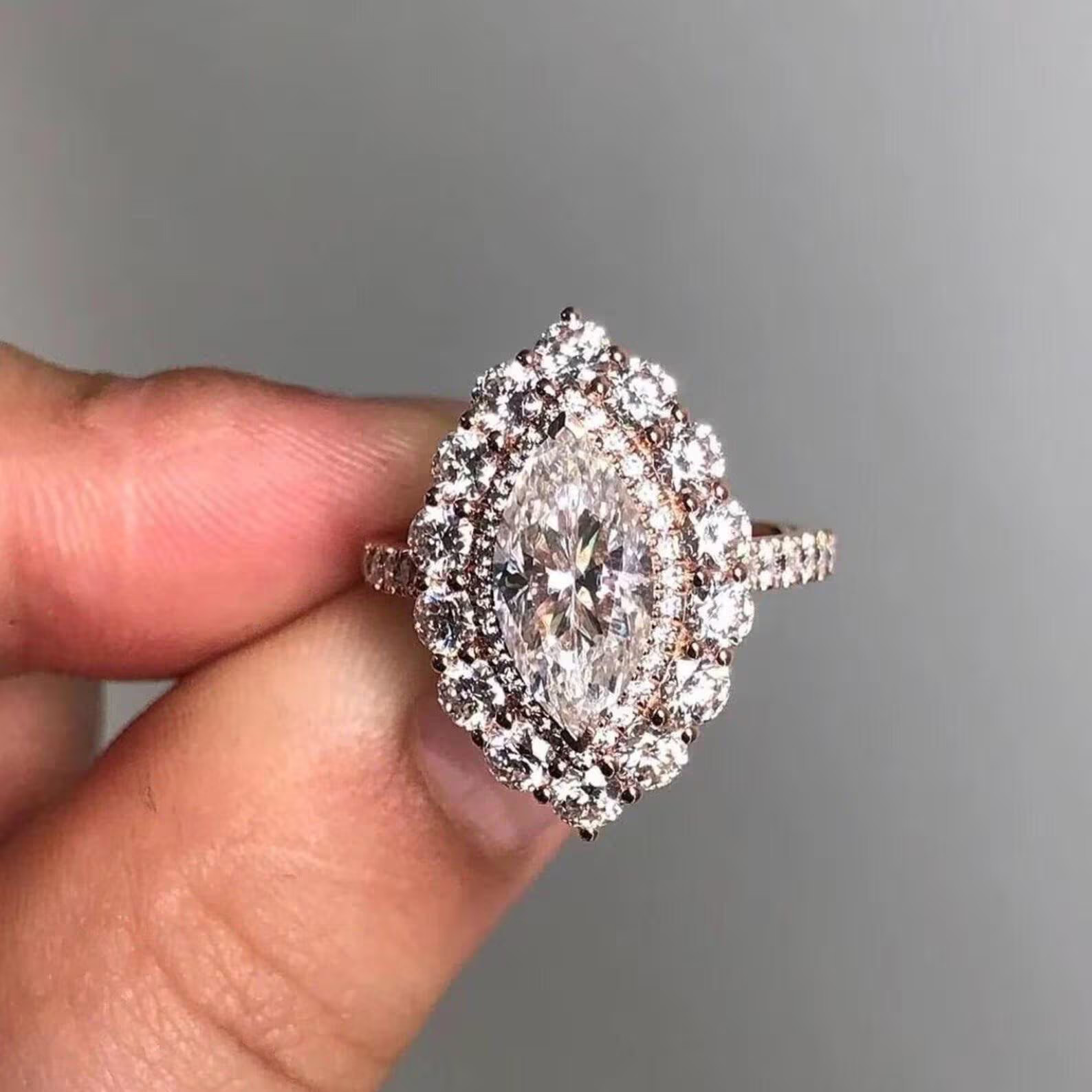 1.25CT Marquise Cut Moissanite Halo Engagement Ring, Half Eternity Wedding Ring