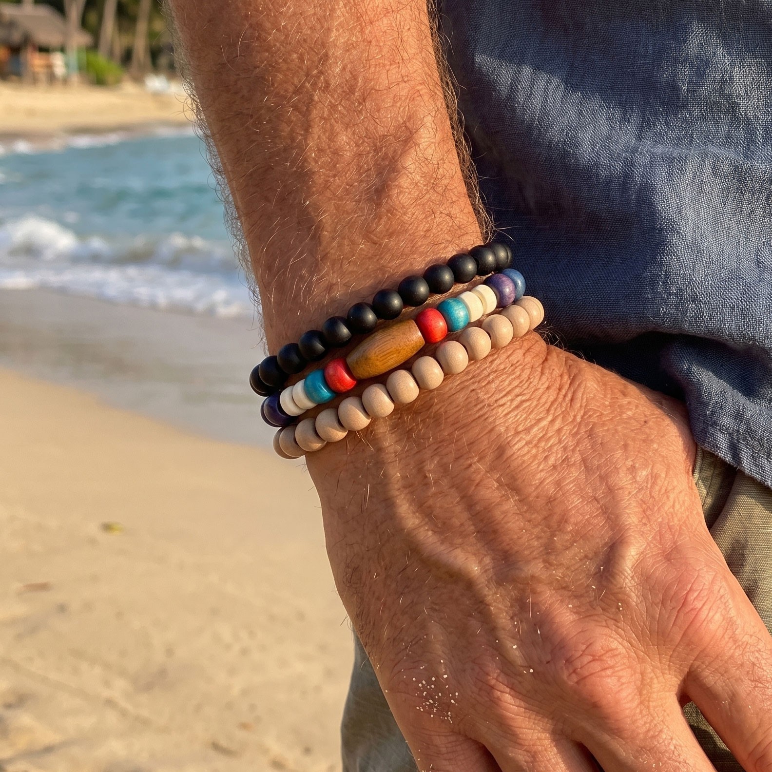 Boho Wood Bead Bracelet Set 3pc Stretch Stack Unisex Men Women Beach Yoga