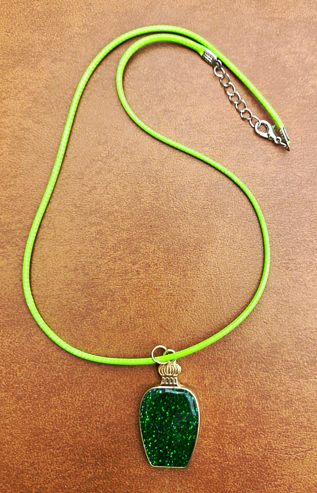 Homemade Cord Pendant Necklace Rectangle Green Glitter Charm, Adjustable Lobster