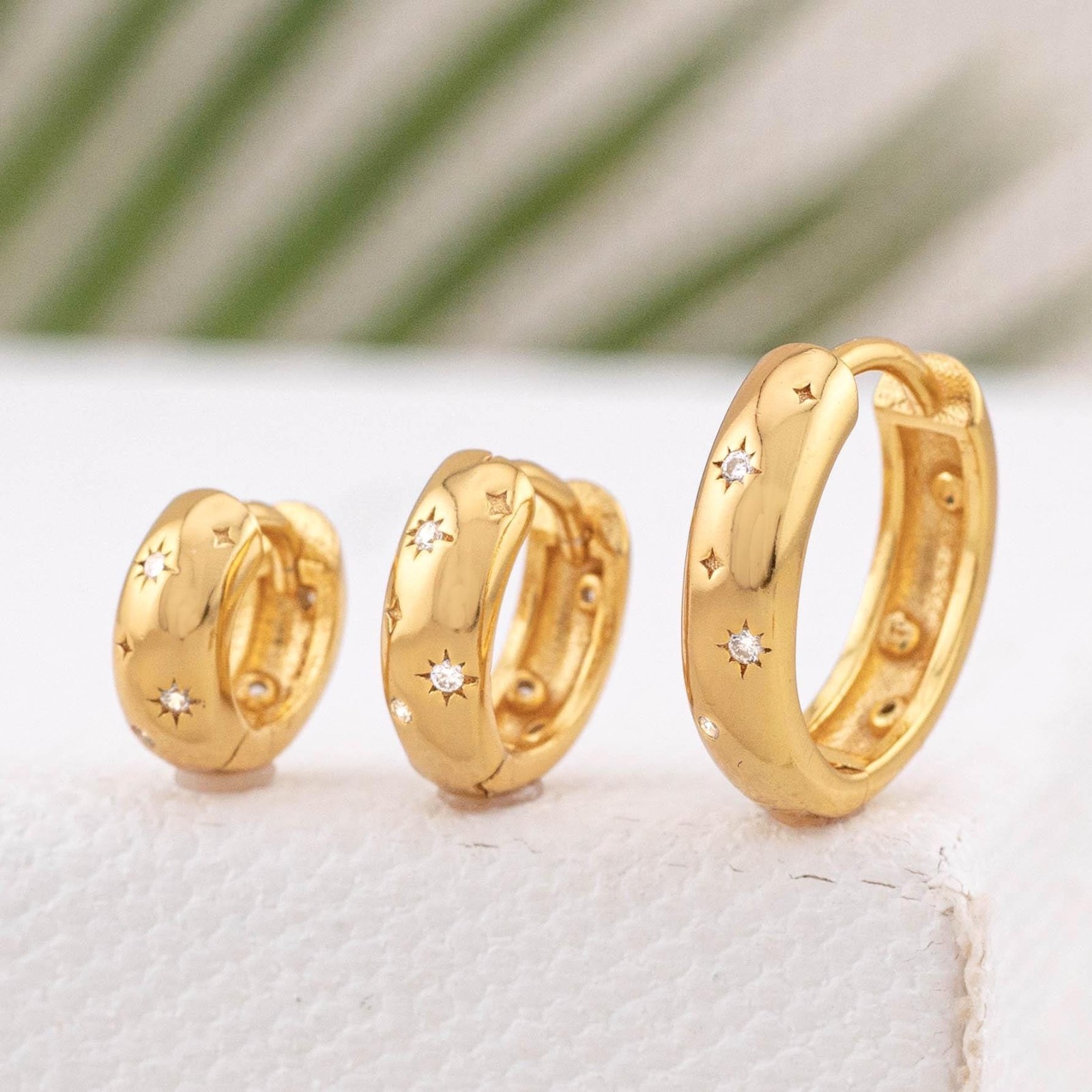 925 Solid Sterling Silver Celestial thick huggie hoop earrings, 14K Gold Vermeil
