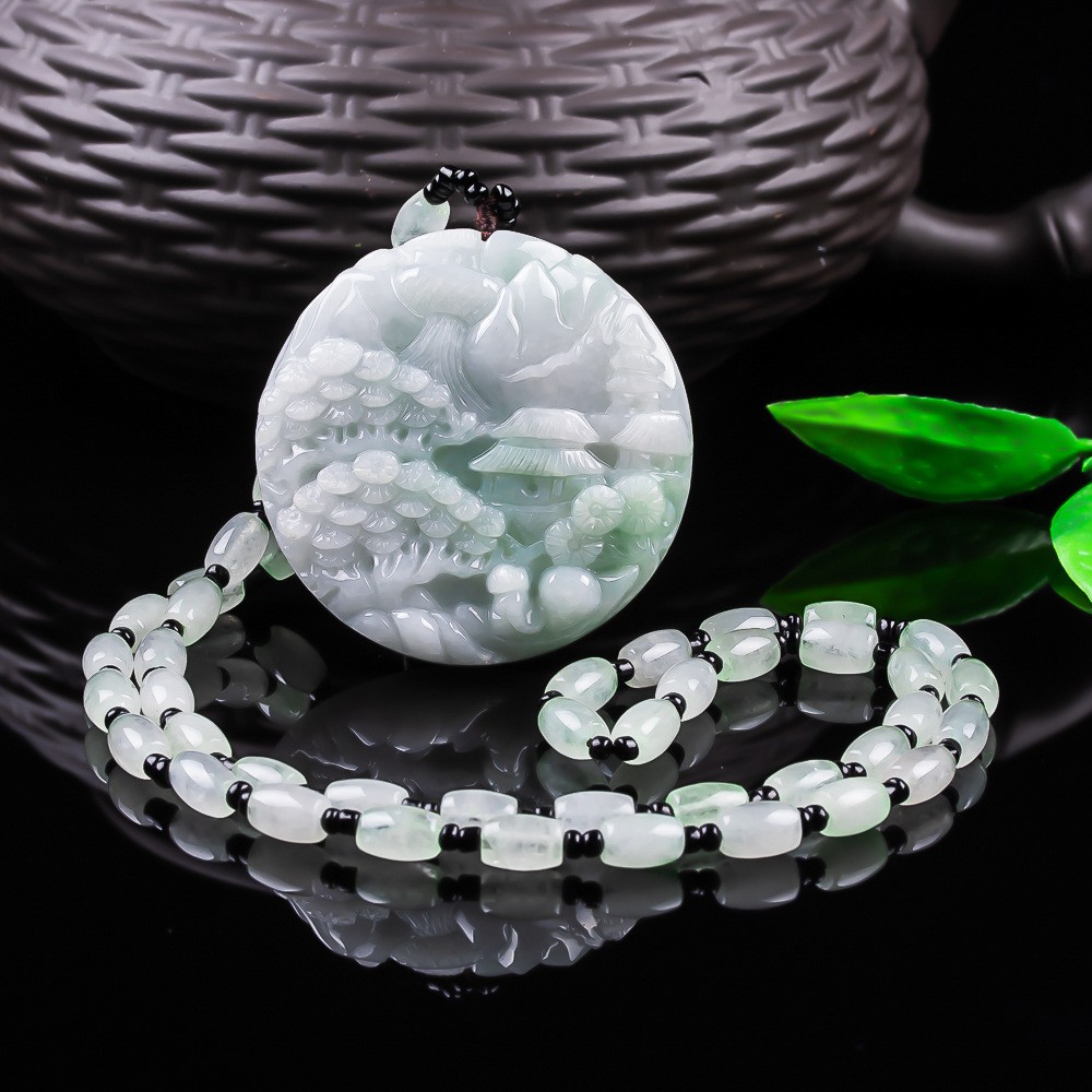 Type A Myanmar Double Sided Round Landscape Jadeite Pendant Carved Jewelry Gift