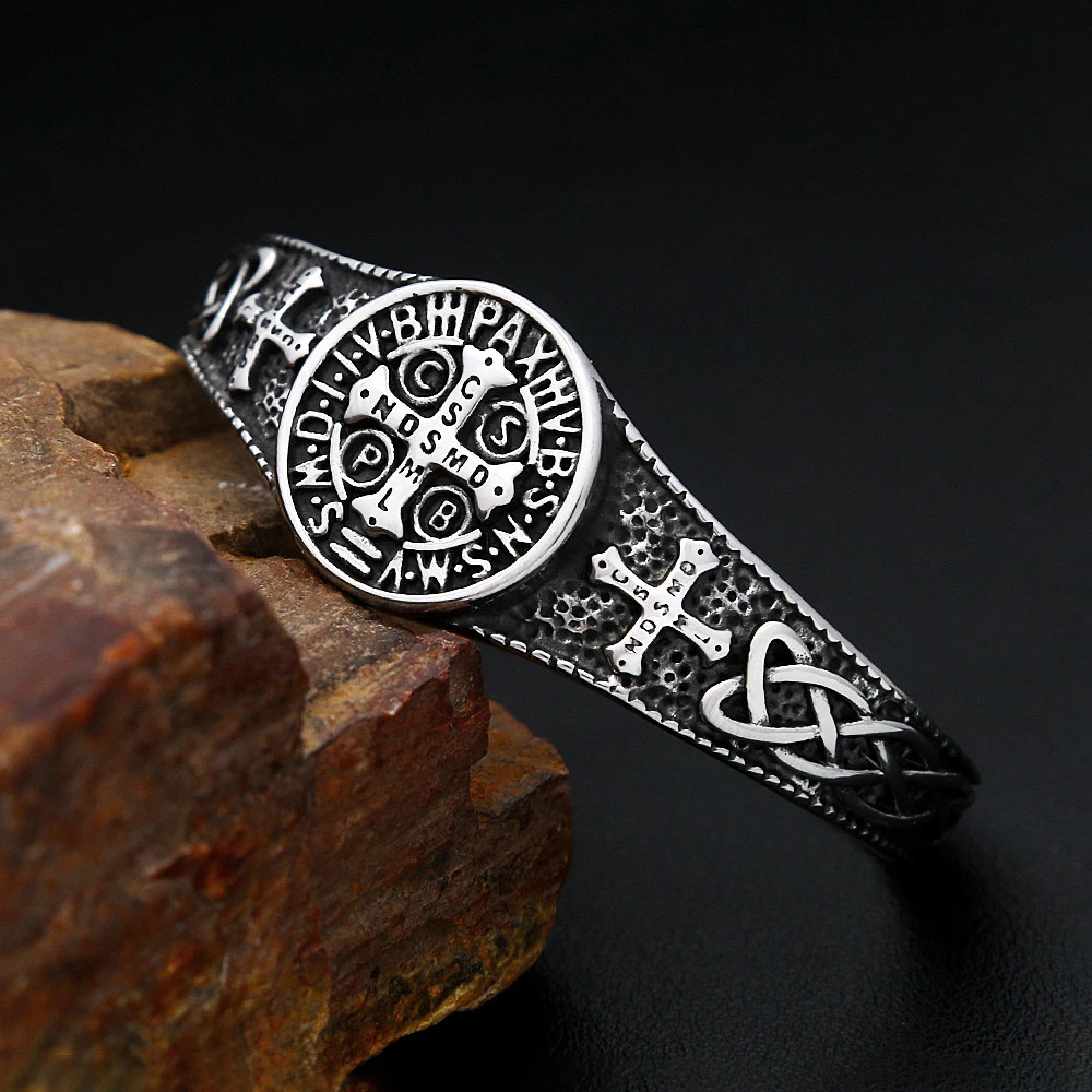 Stainless Steel Cross Open Cuff Bracelet for Men Women Biker Bangle