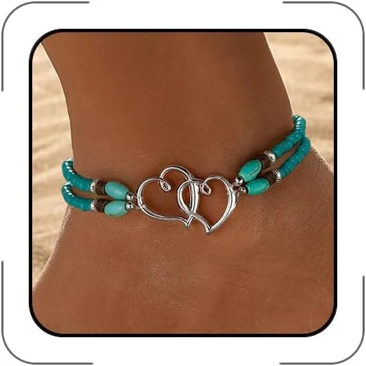 Elastic Beaded Ankle Bracelets for Women Double Heart Layered Stretch Ankle Brac