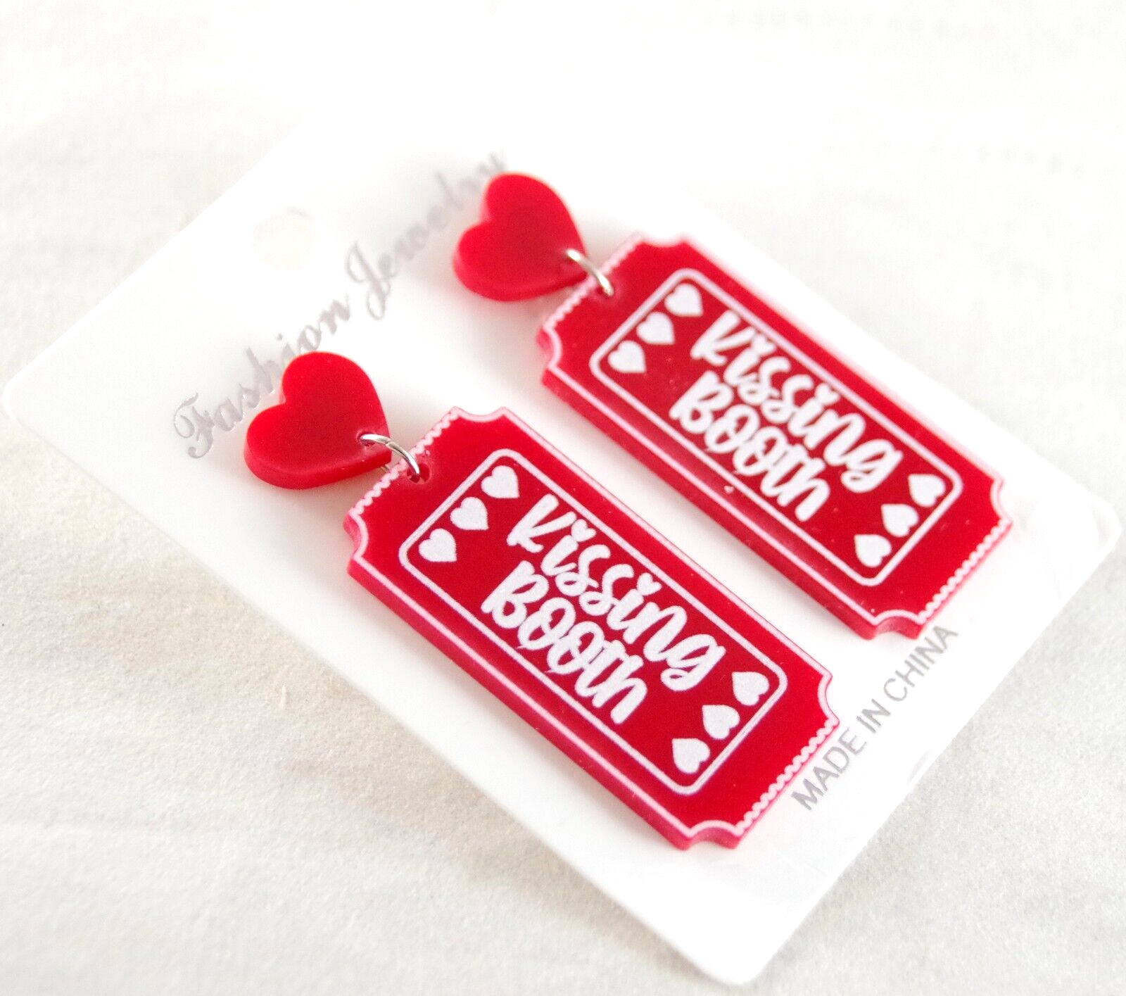 2 1/8″ NEW KISSING BOOTH TICKET VALENTINE HEART ACRYLIC DROP DANGLE EARRINGS
