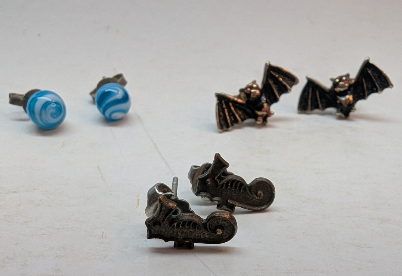 SET OF 3 Halloween Black Bat Stud Earrings Blue Marble Stud Earrings