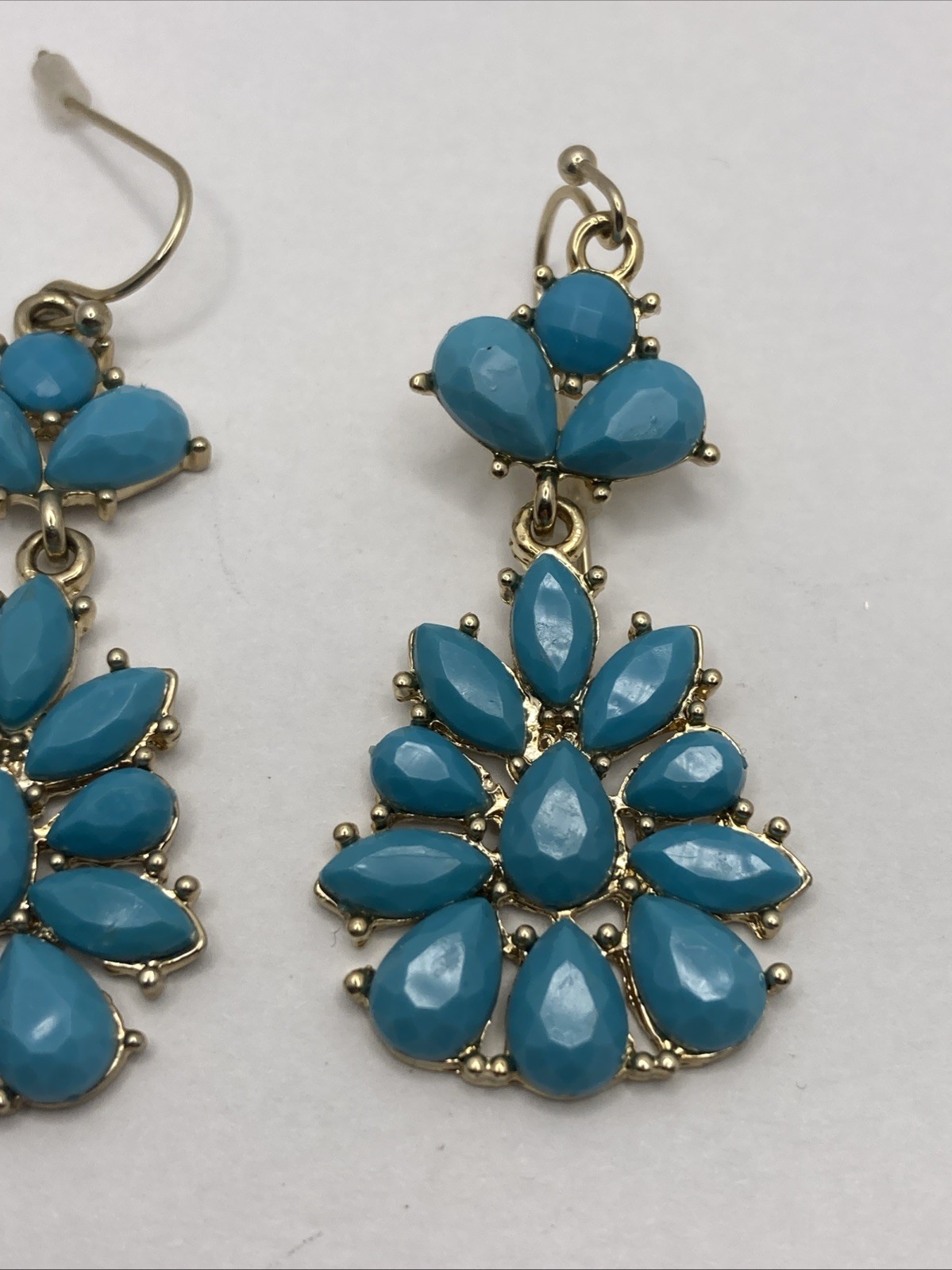 Turquoise Blue Beaded Dangle Pierced Earrings Gold Tone Boho Drop