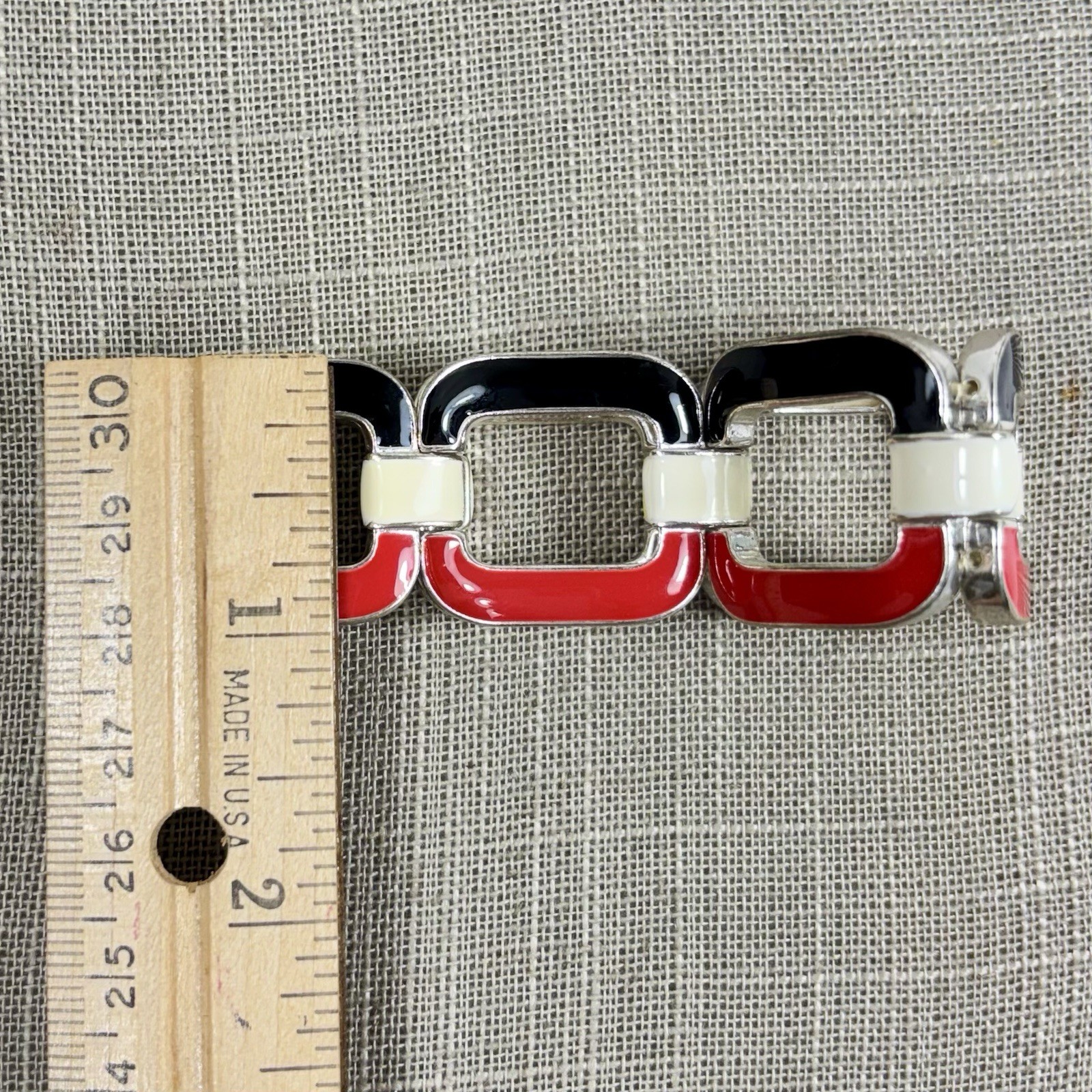 Red White Black Enamel Silver Tone Stretch Bracelet Metal C-Links Size 7