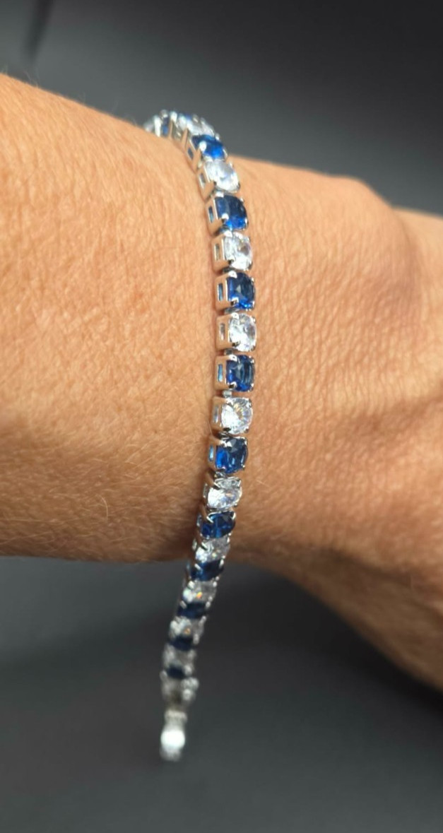 Alternating Blue & Clear Round Cut Stainless Steel Sapphire Tennis Bracelet New