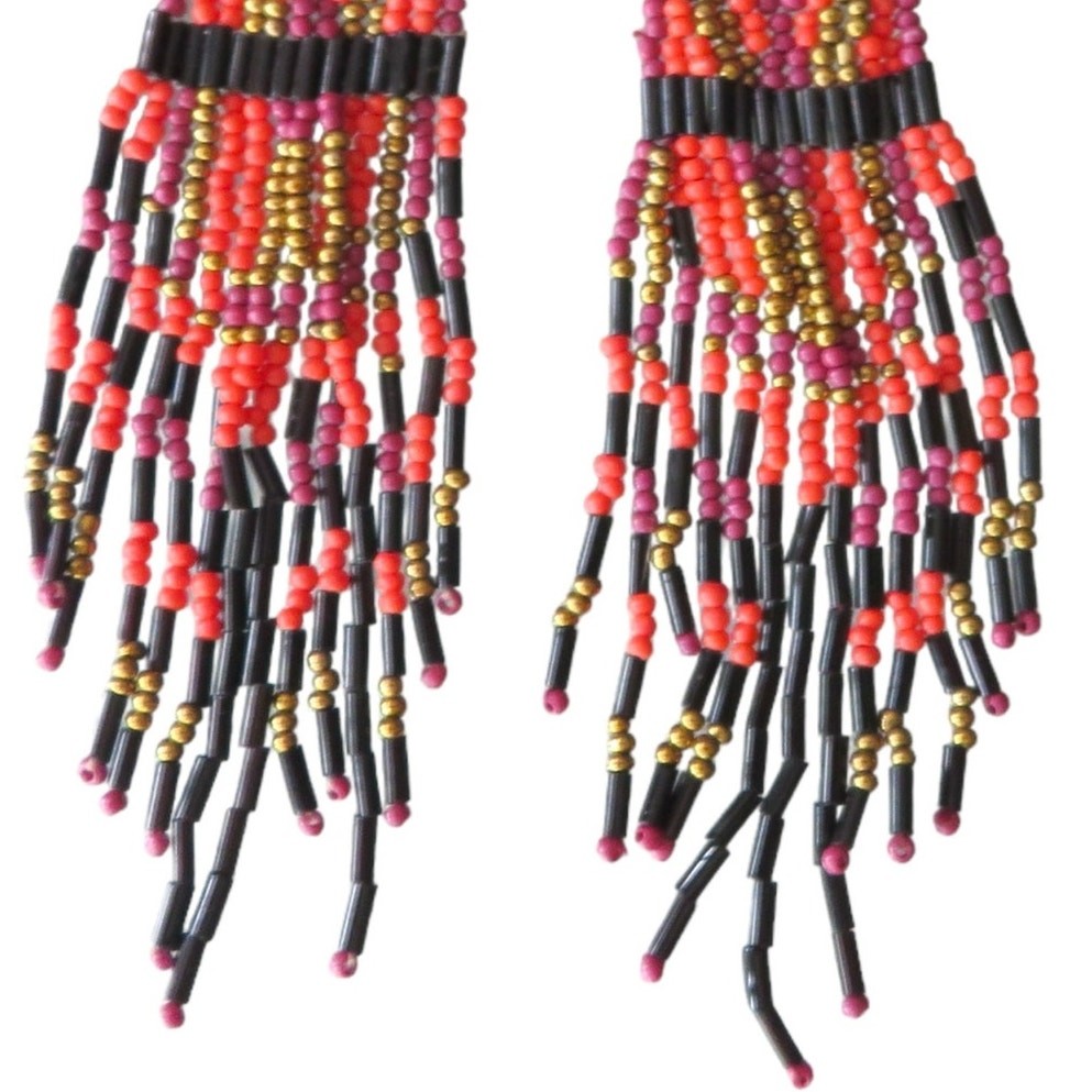 Boho Handmade OOAK Beaded Hanging Earrings Long Lightweight Pink Orange Black