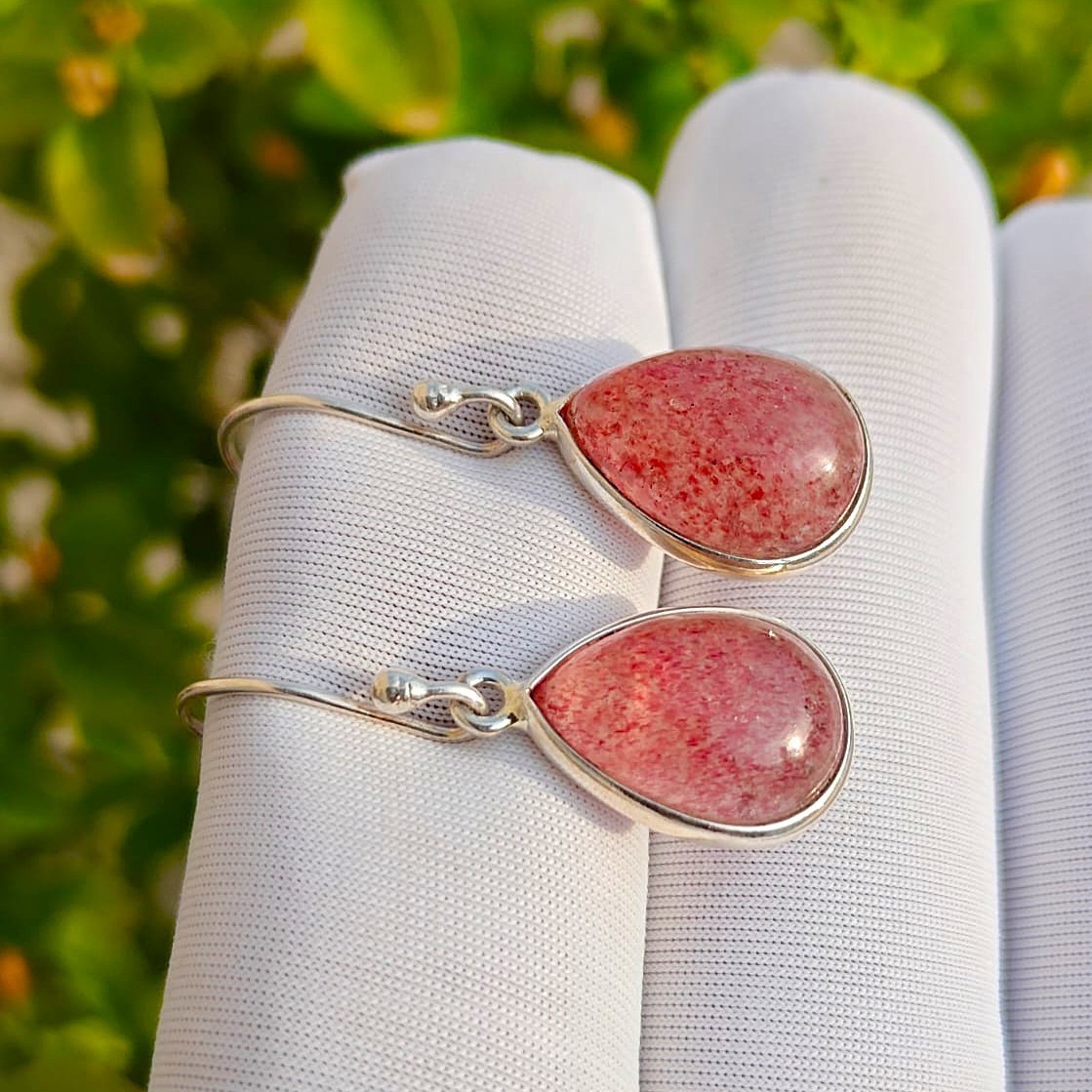 Natural Handmade Pink Strawberry Gemstone Earring 925 Sterling Silver Jewelry