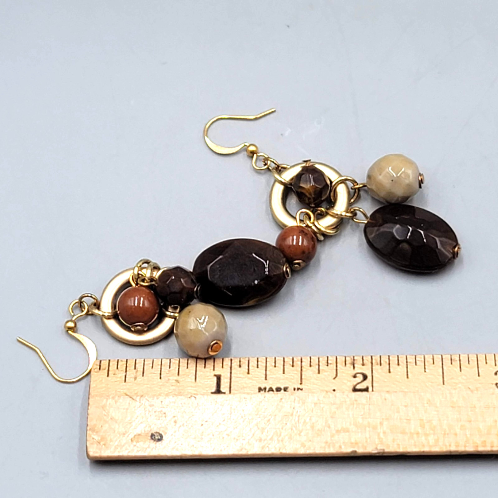 Brown Beige Orange Bead Pierced Earrings Gold tone Dangle 1.5 in