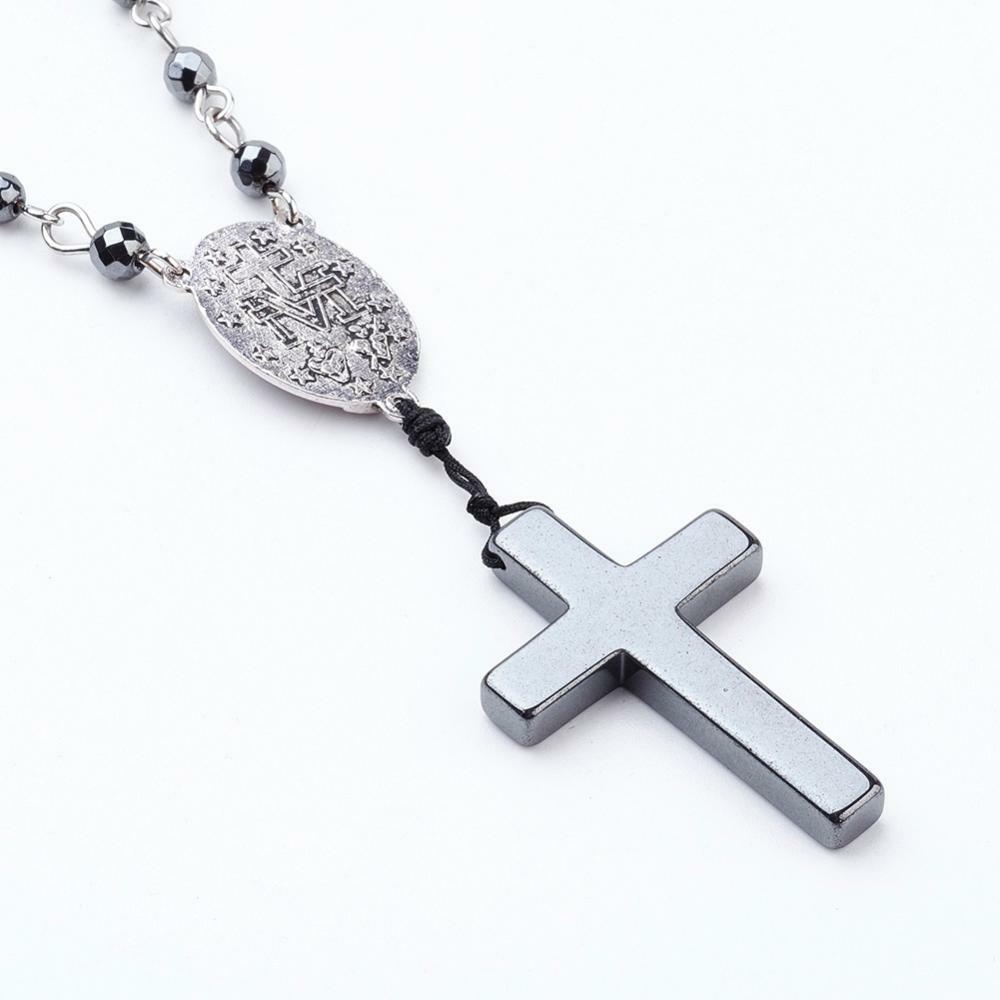 Non-magnetic Hematite Pendant Necklace Rosary Cross Virgin 20″ Z505