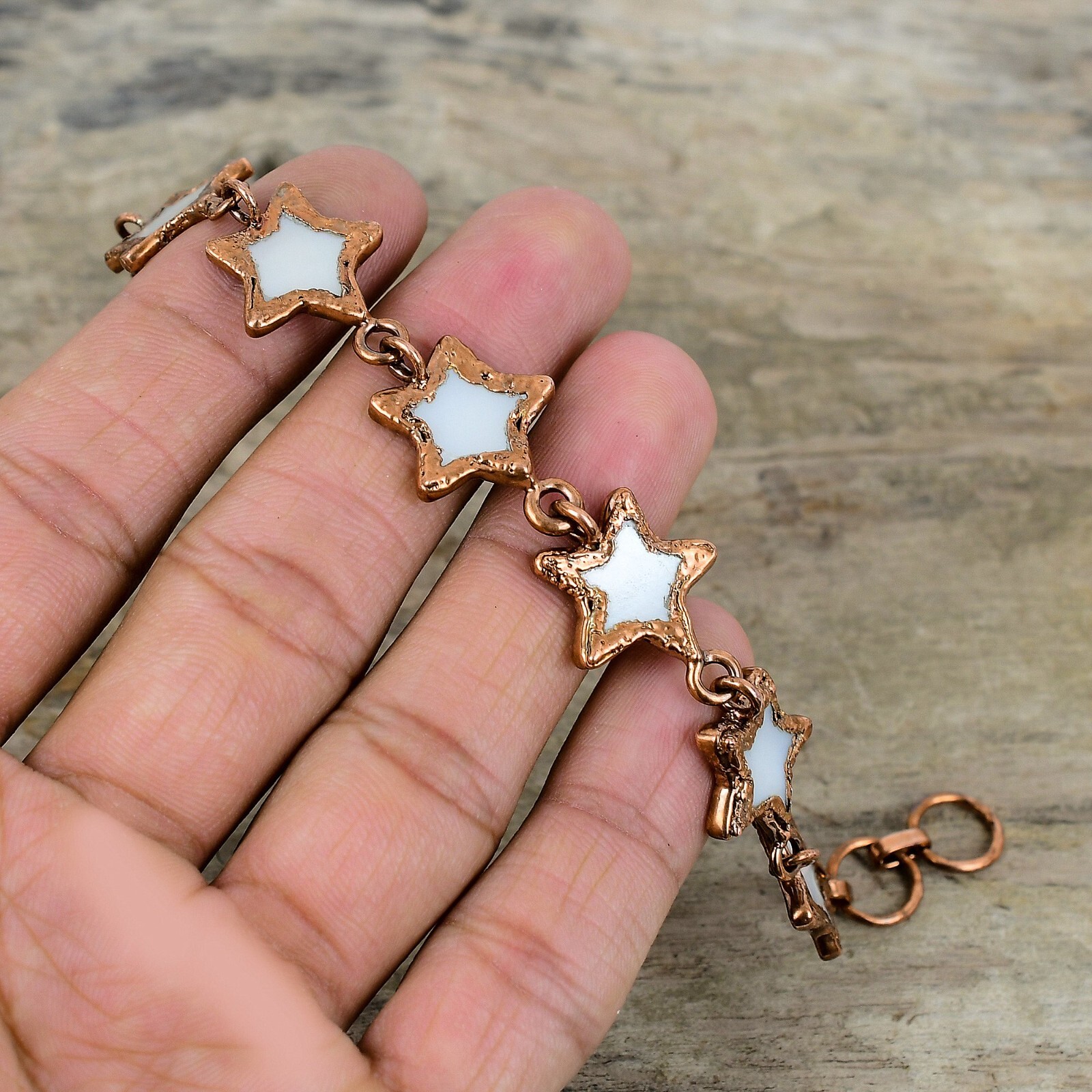 Copper Pentagon Mother Of Pearl Gemstone Electroformed And Star Chain Bracelet