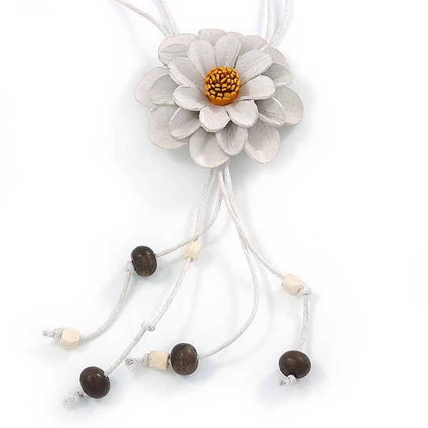 Off White Leather Daisy Pendant with Long Cotton Cord – 80cm L – Adjustable