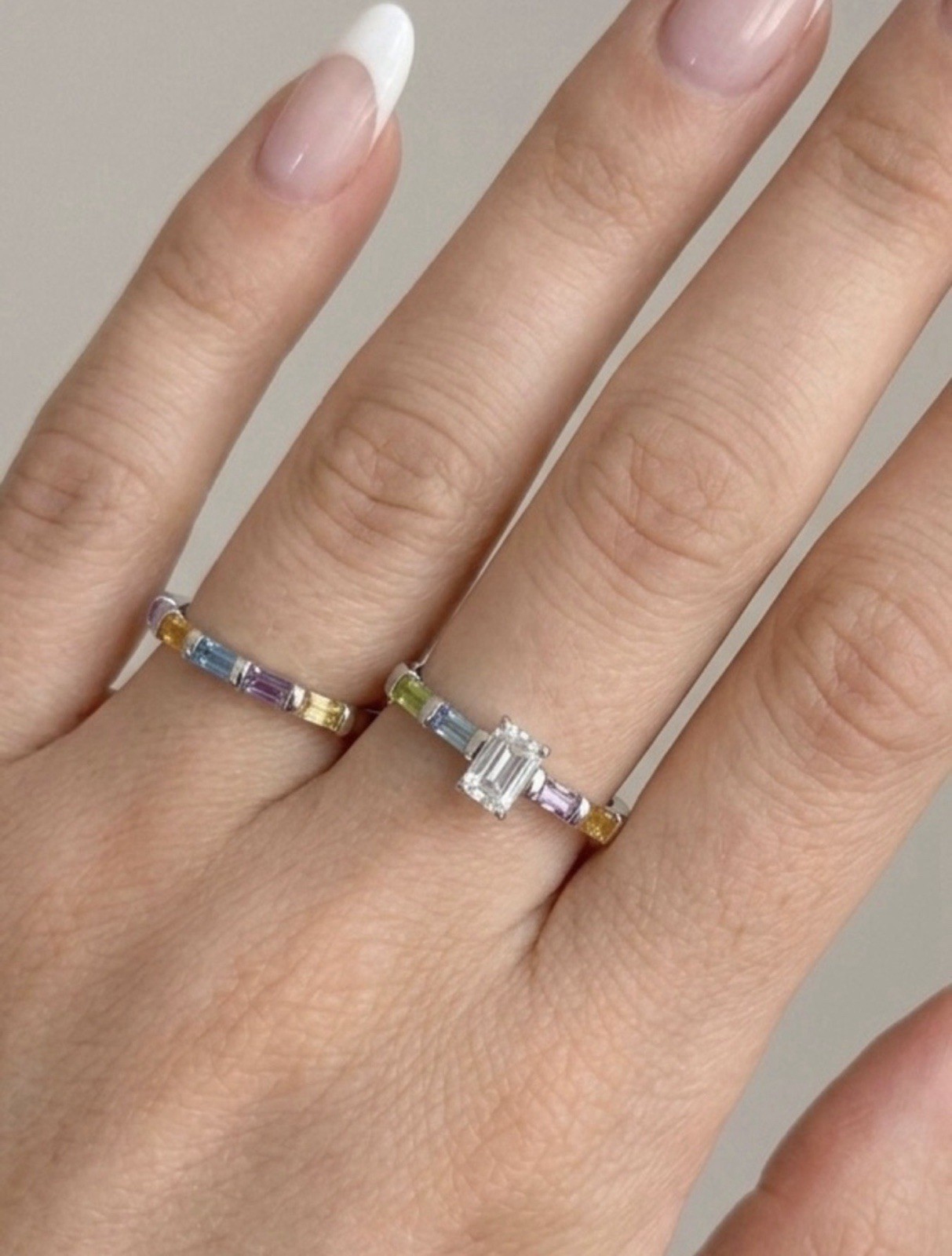 Platinum Plated Multicolor Baguette Crystal Ring | Silver Stackable Band Ring