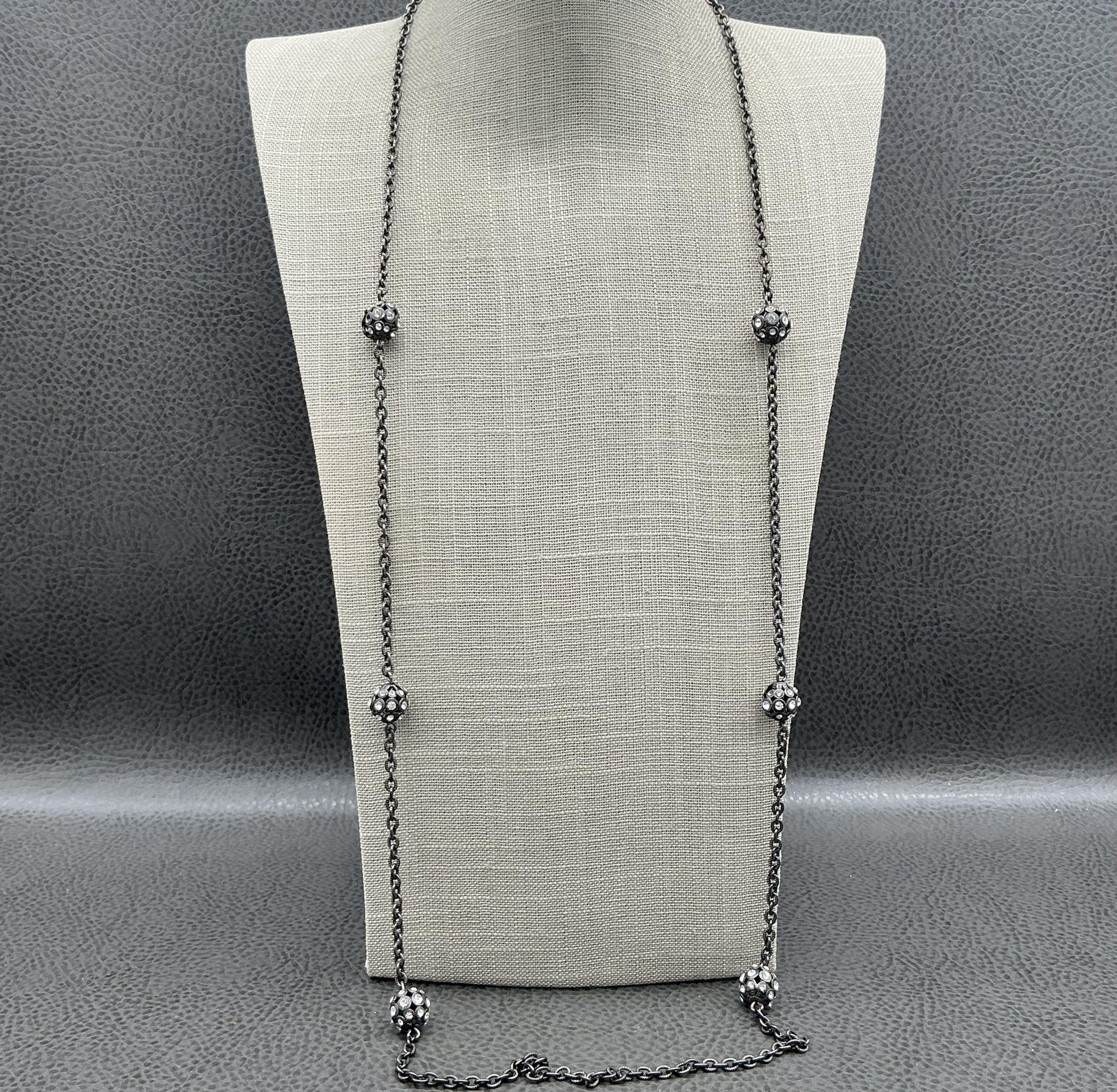LOFT Necklace Gunmetal Tone Long Chain Pave Crystal Ball Station Womens Jewelry