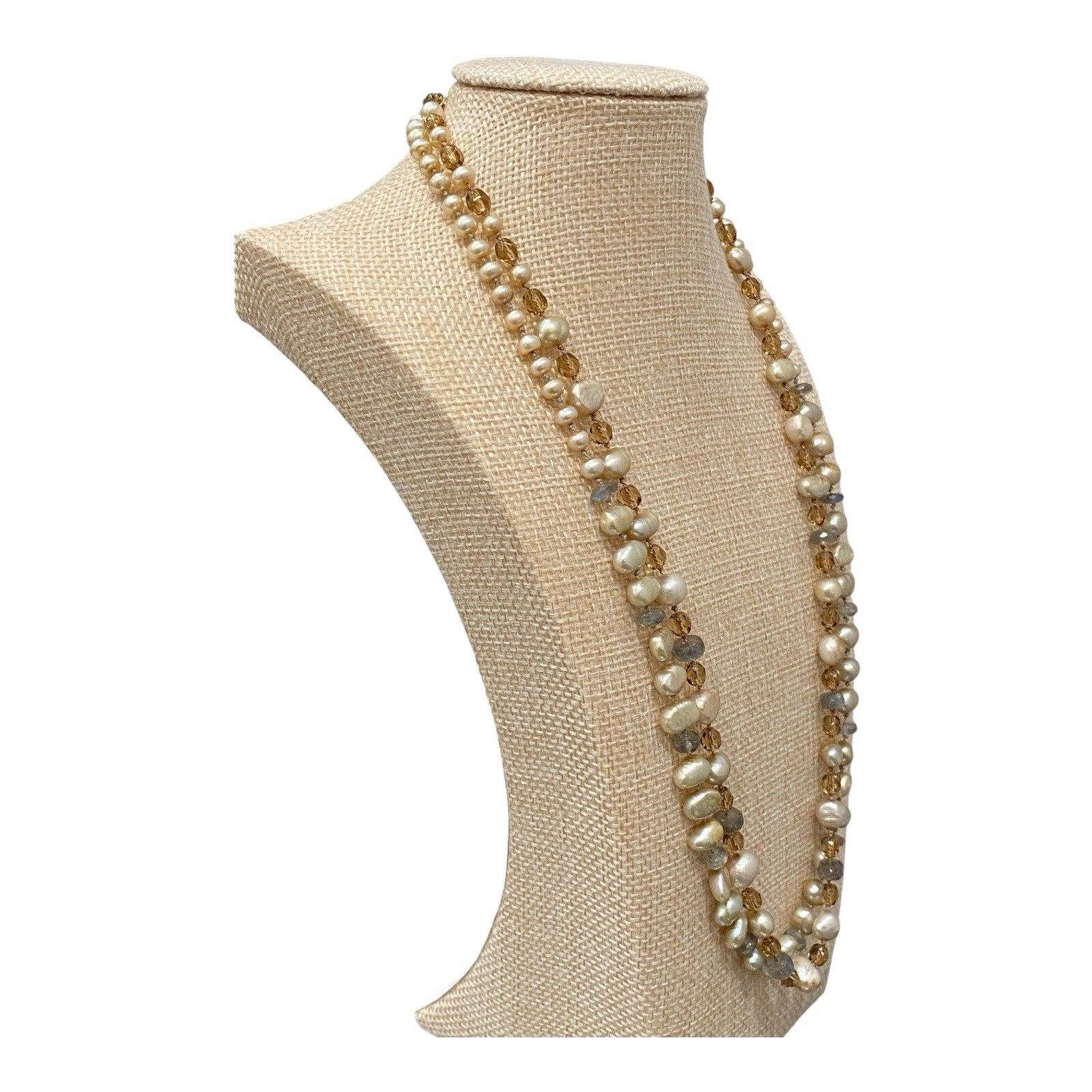 Vintage Artisan Pearl Citrine Multi Strand Necklace Sterling Silver Spiral Clasp