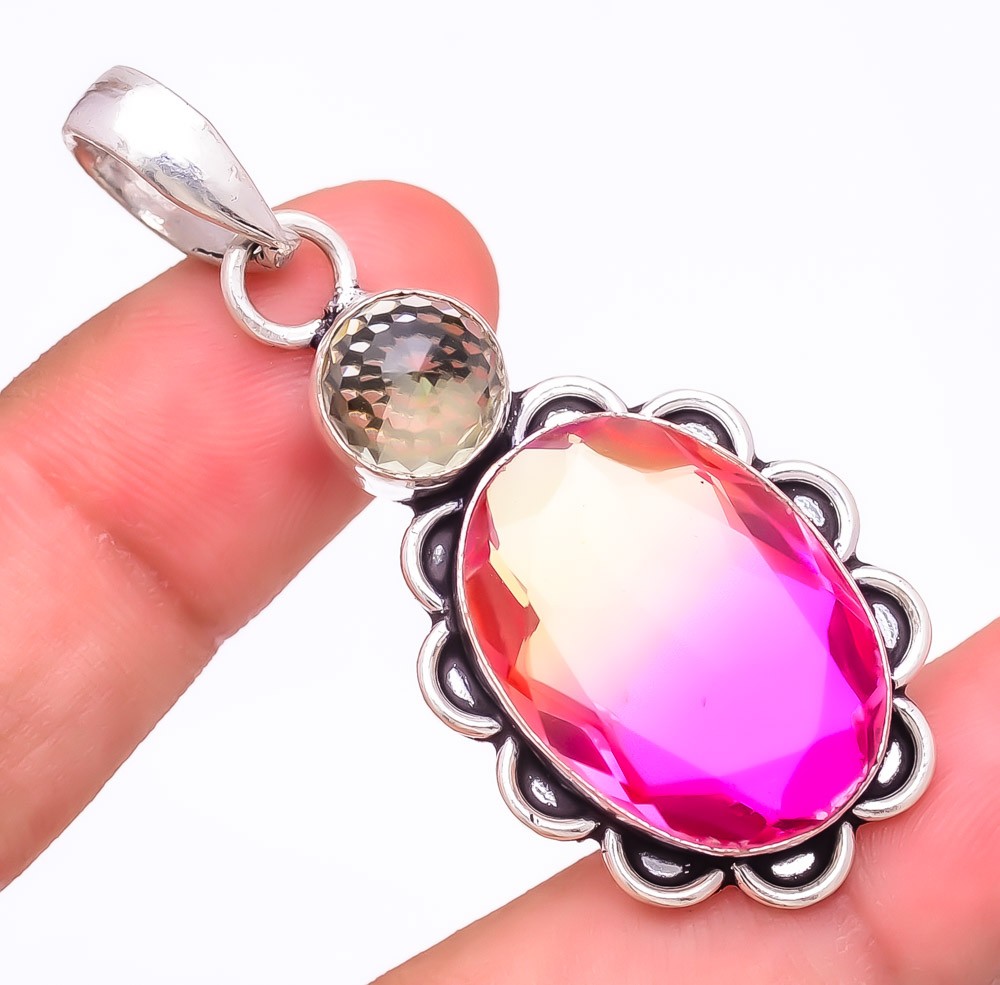 Bi-Color Tourmaline & Smokey Quartz Gemstone 925 Silver Plated Pendant 2.2″ LP-6