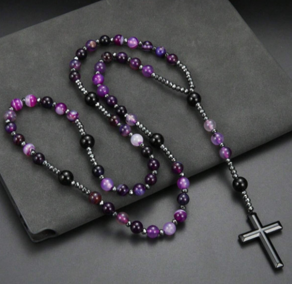 Agate & Hematite Cross Beaded Rosary Style Necklace