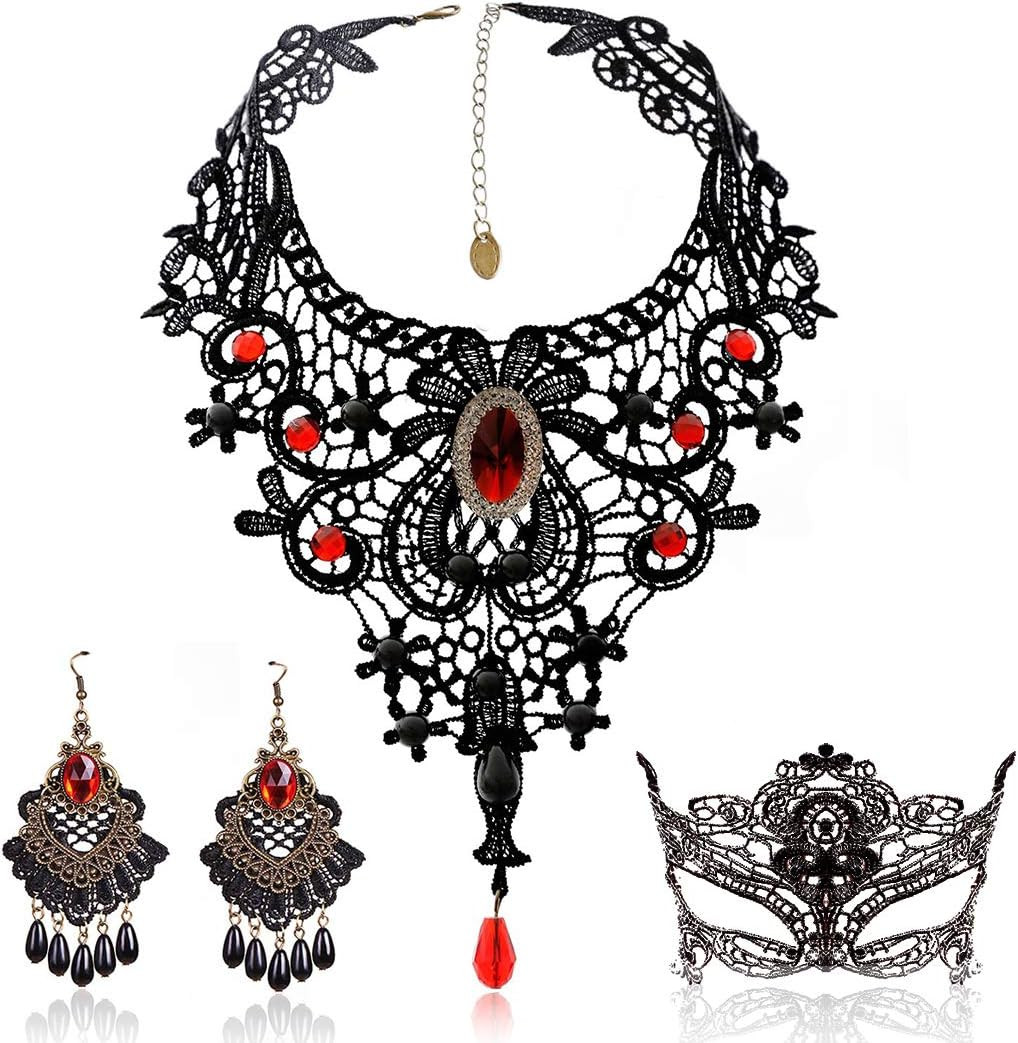 Black Lace Necklace and Earrings Set, Gothic Lolita Red Pendant Choker for a Hal