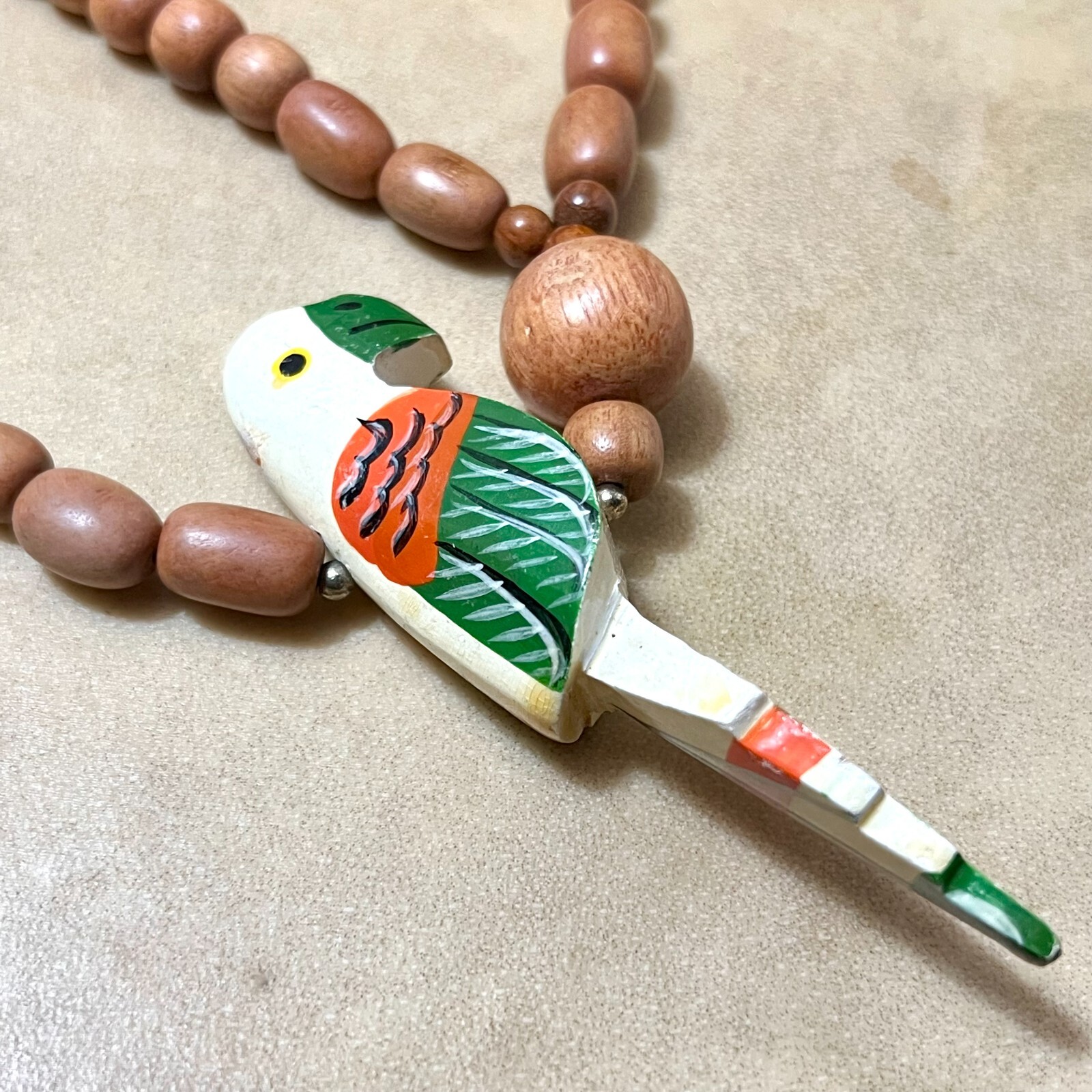 Tropical Luau Wooden Lei Necklace, Multi Strand w/ Hand Painted Parrot VTG – 26″