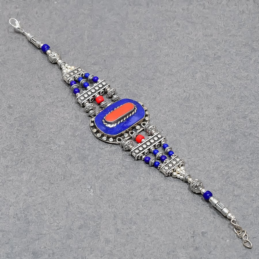 Red Coral Lapis lazuli Gemstone Bracelet Tibetan Silver Nepali Jewelry 8″ NBB 18