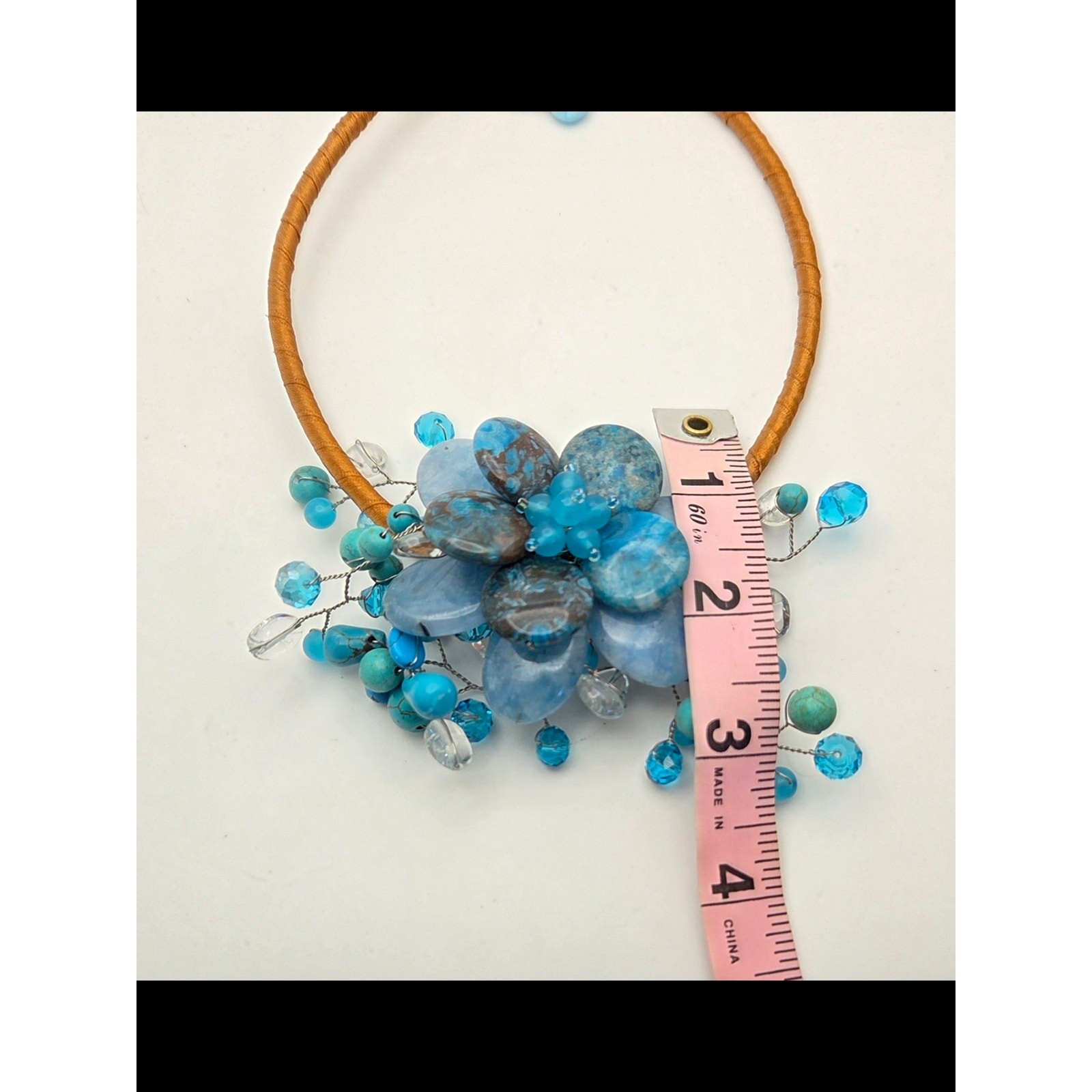 Chunky Blue Stone & Glass Statement Necklace Boho Wire Wrapped 18″