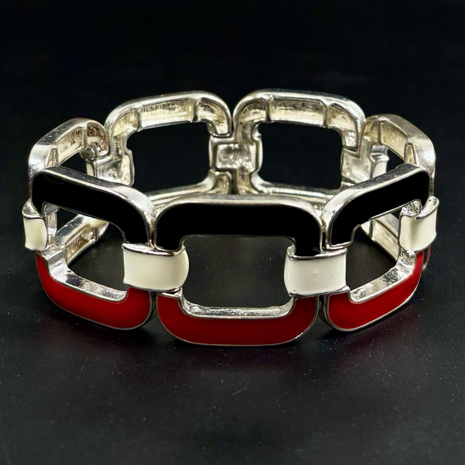 Red White Black Enamel Silver Tone Stretch Bracelet Metal C-Links Size 7