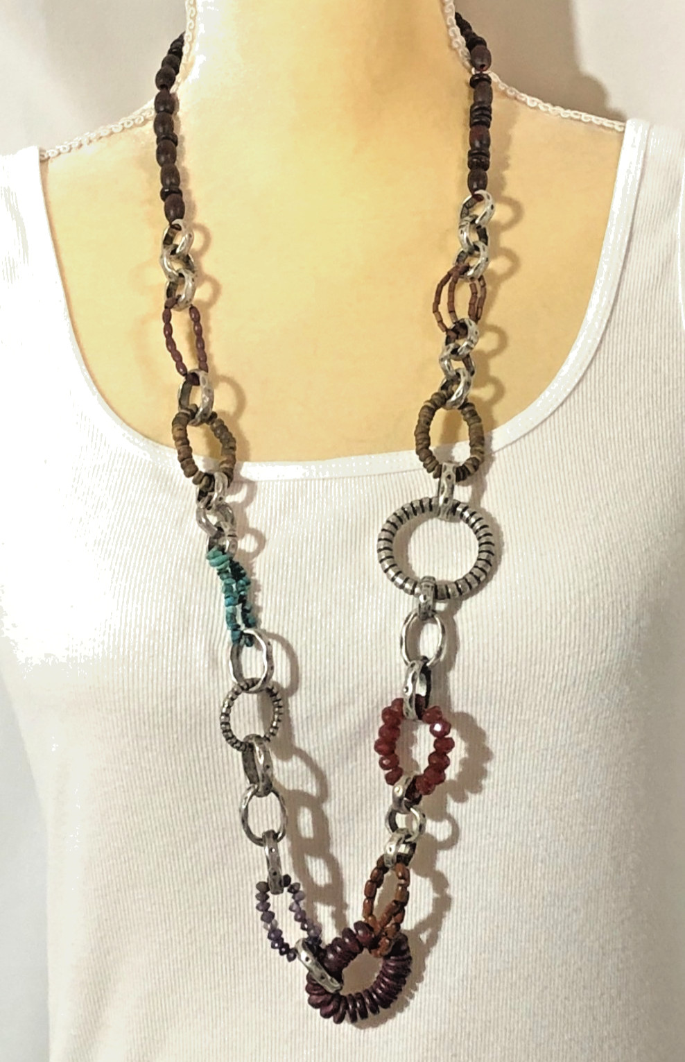 Lucky Brand Necklace Statement Chain Wood Multi Gemstone Belt – 36 in Length