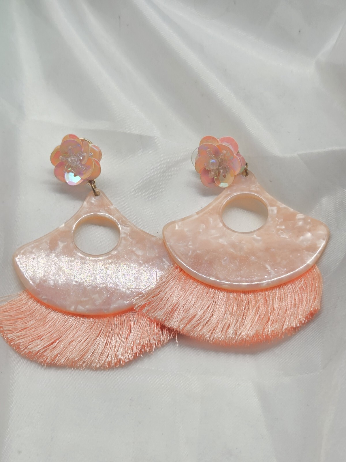 Dangle Floral Theme Tassle Earrings Beautiful Peach Pink Colors For Pierced Ears