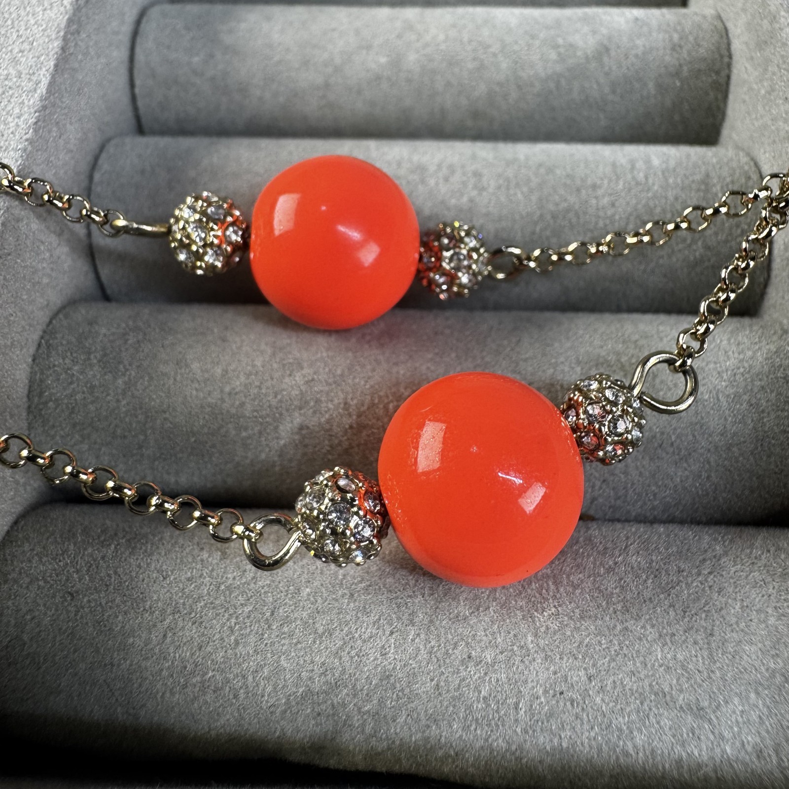 Ann Taylor Long Orange Red Beaded Rhinestone Station Necklace 35 in