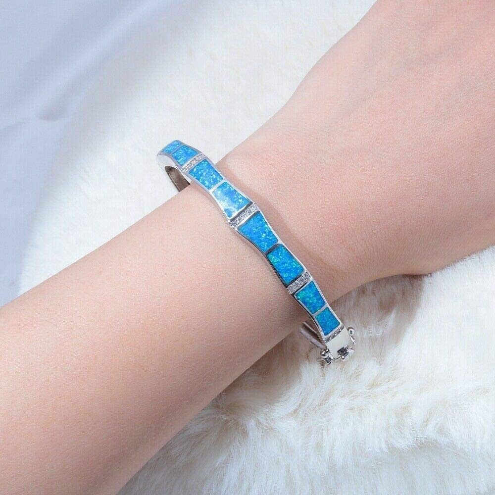 Hawaii Blue Opal Bar Cuff Bangles 925 Sterling Sliver Jewelry For Women Girls