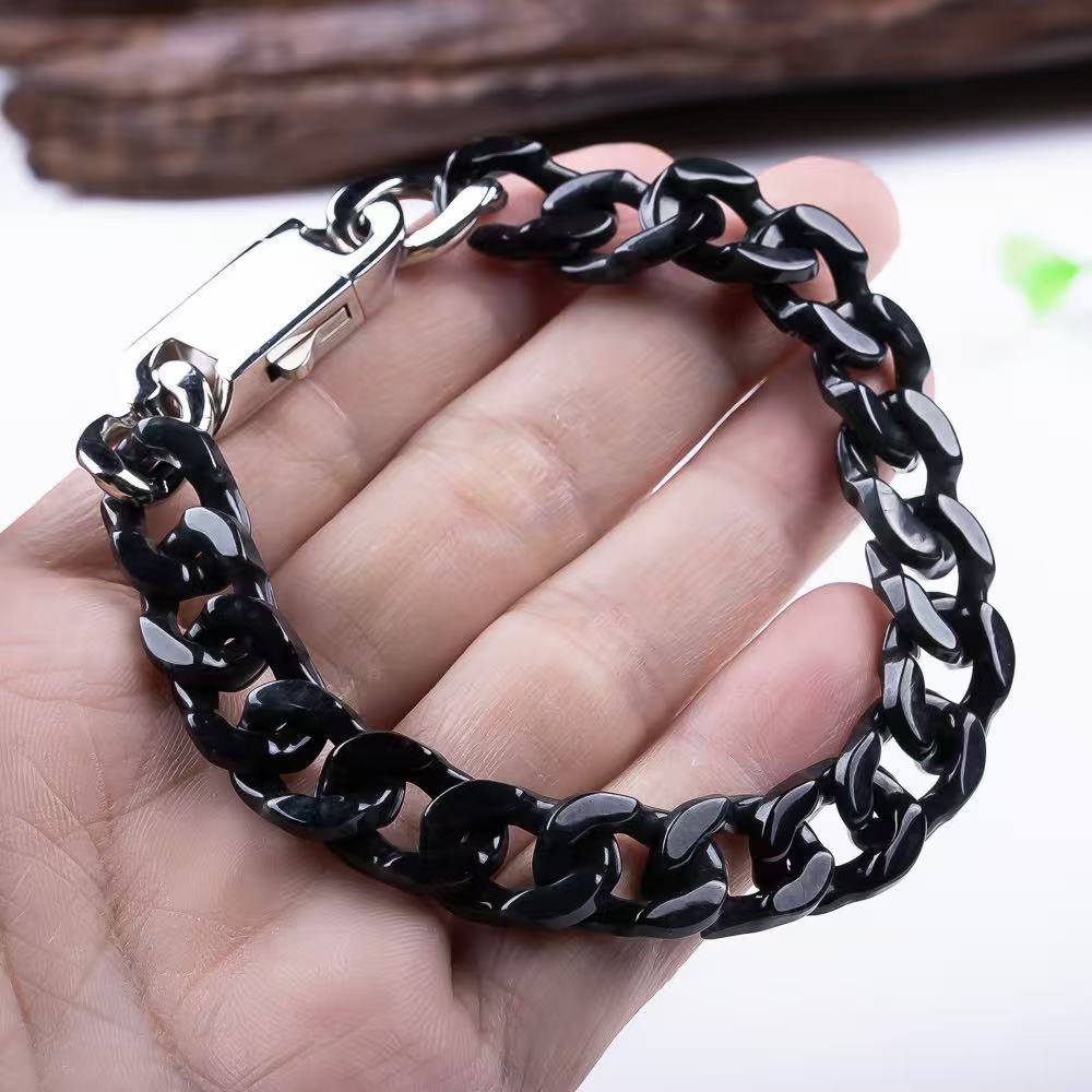 Natural Jadeite A-grade Jade Black Chicken Cuban Chain Men’s Women’s Bracelet