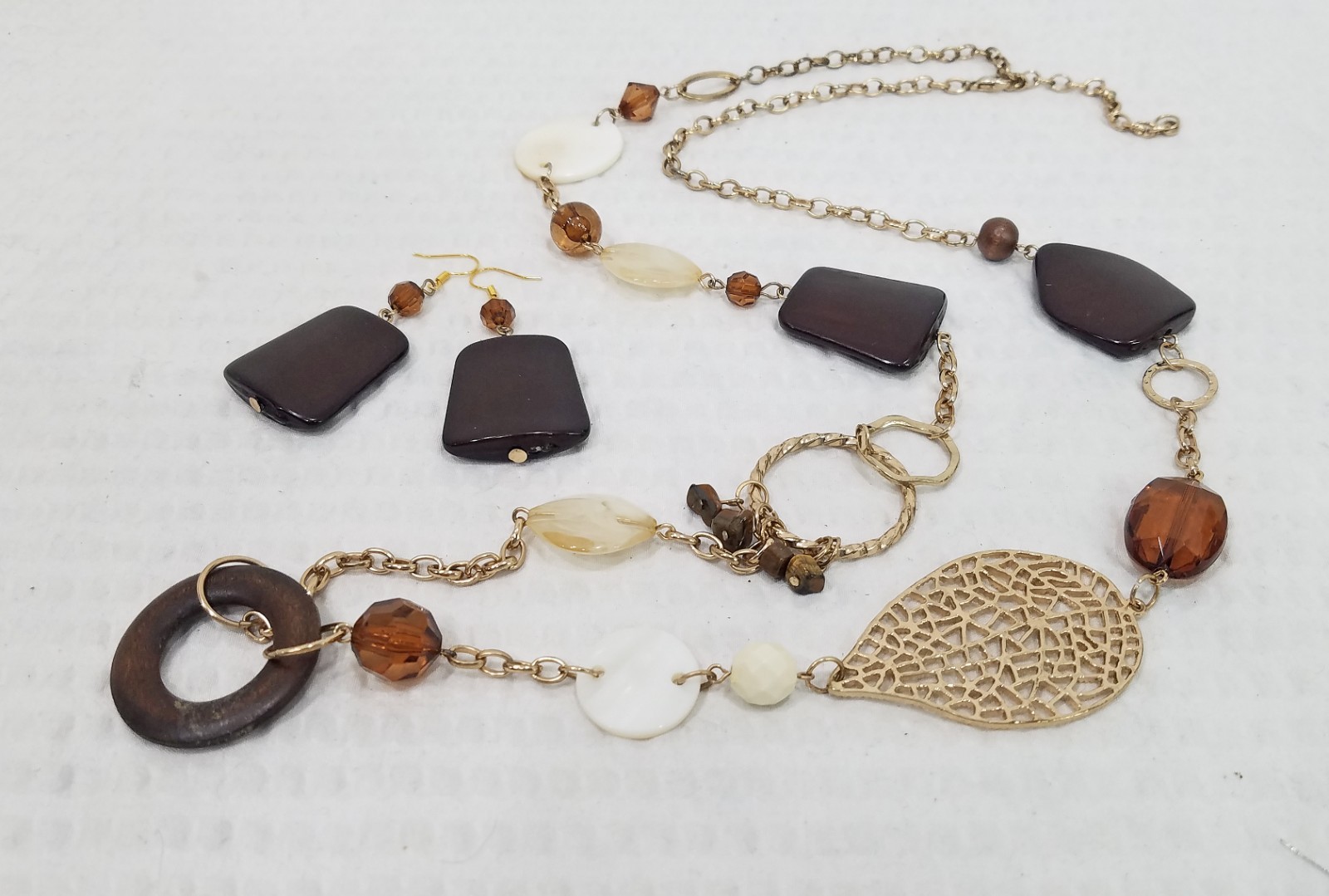 Chunky Brown, Beige and MOP Bead Gold Tone Filigree Necklace & Earring Set